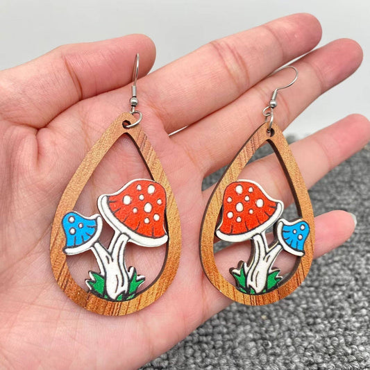 Double-sided Printed Mushroom Wooden Dangle Earrings