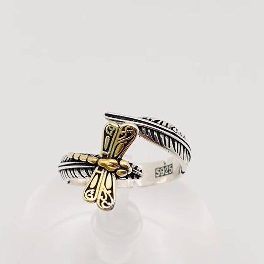 Silver Plated Feather Gold Dragonfly Adjustable Ring