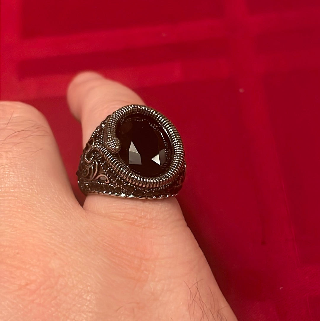 Ring - snake large black stone