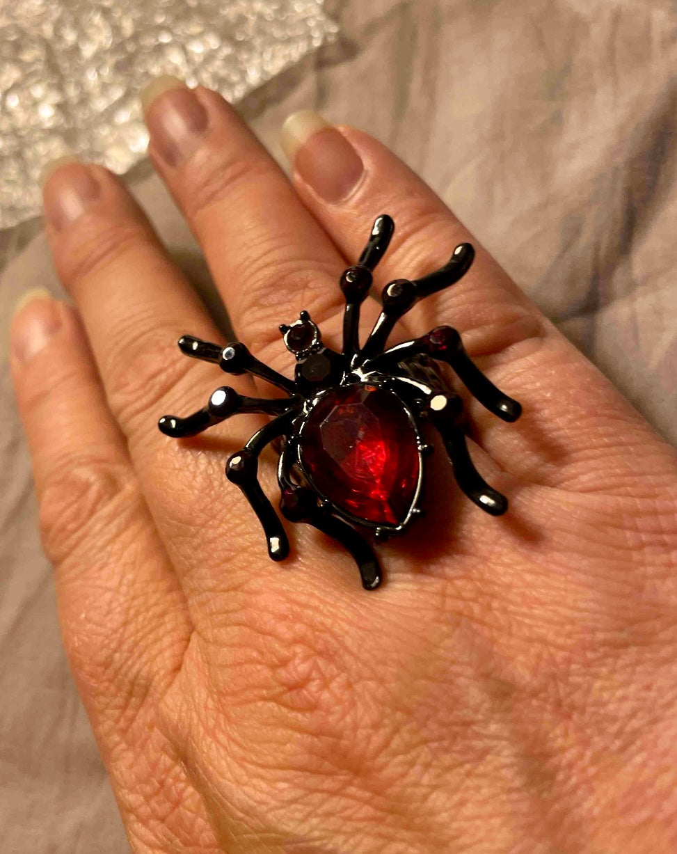 Ring - adjustable black spider with red gems