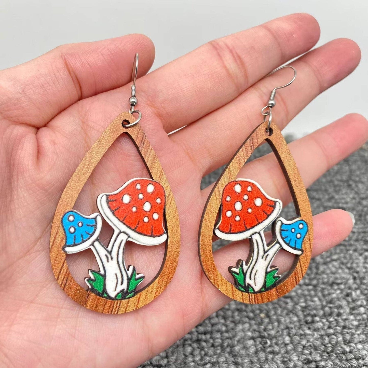 Double-sided Printed Mushroom Wooden Dangle Earrings