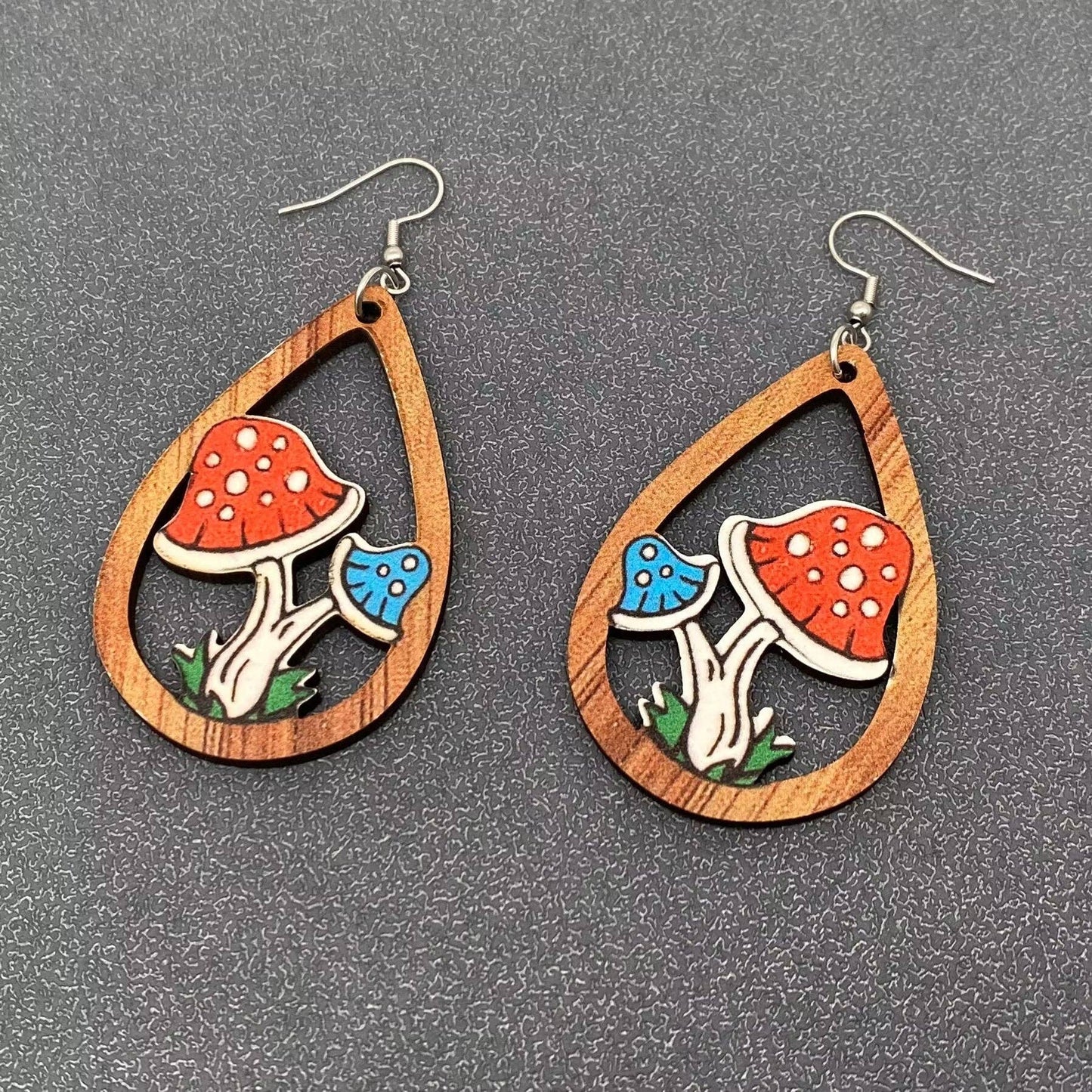 Double-sided Printed Mushroom Wooden Dangle Earrings