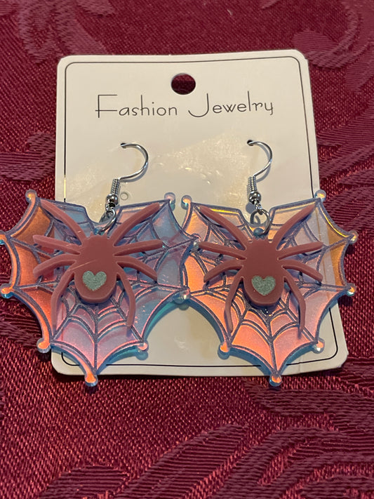 Earring - Spider/webbed heart pink