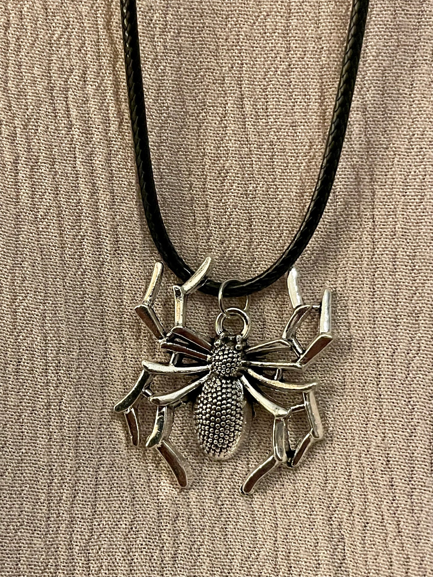 Necklace - simple silver spider black cord